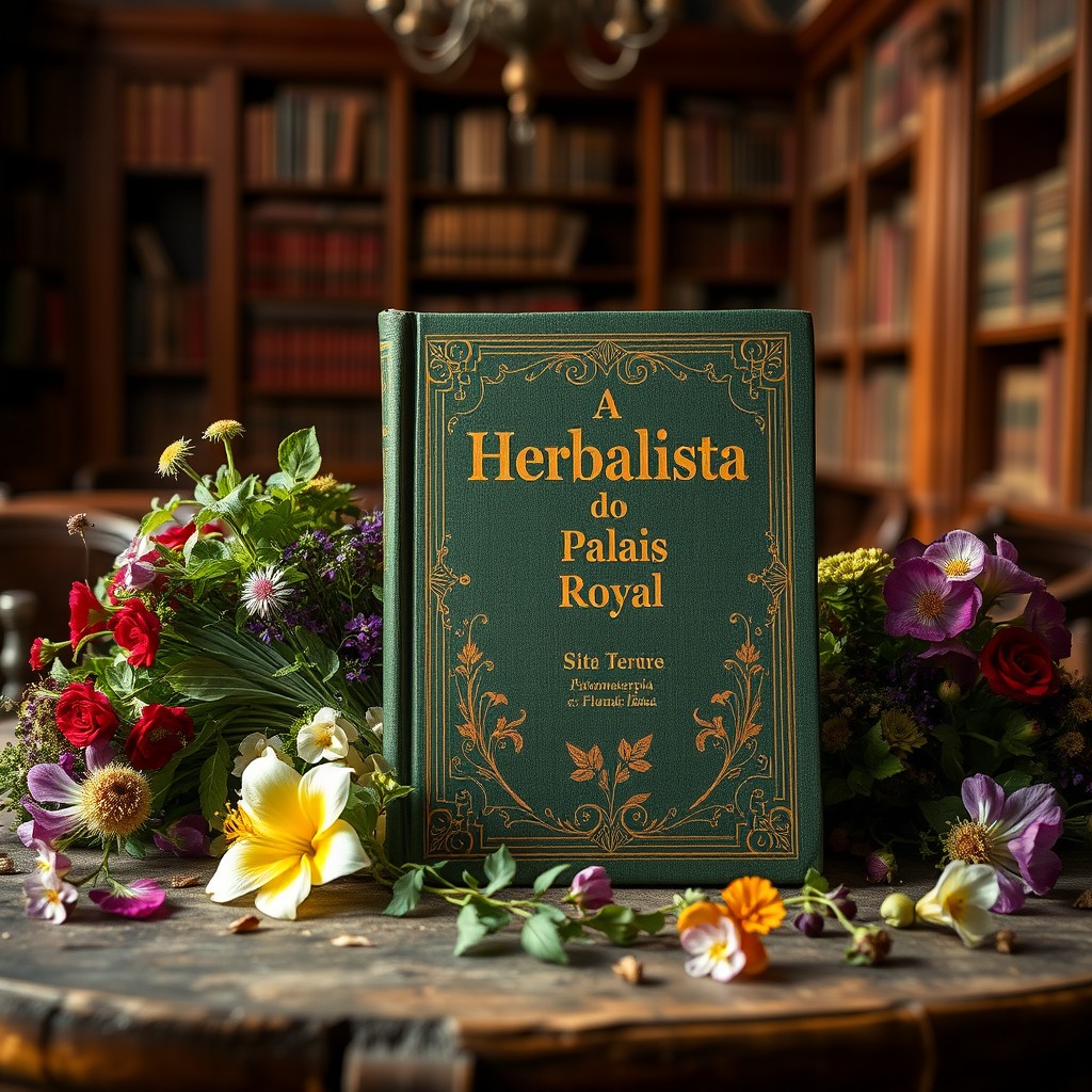 A vintage-style image featuring an elegant book titled 'A Herbalista do Palais Royal - Diário para Iniciados em Fitoterapia, Aromaterapia e Florais de Bach'