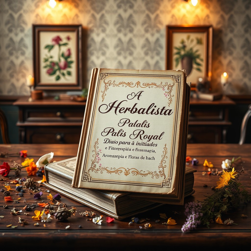 A vintage-inspired image depicting the book 'A Herbalista do Palais Royal - Diário para Iniciados em Fitoterapia, Aromaterapia e Florais de Bach'