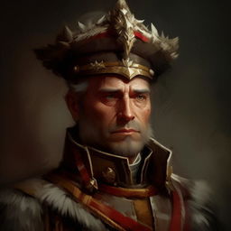 Further reduce the brush stroke count in the digitally painted portrait of the fantasy General, using only the minimal strokes necessary to depict his face while preserving the textured style of classic oil paintings.