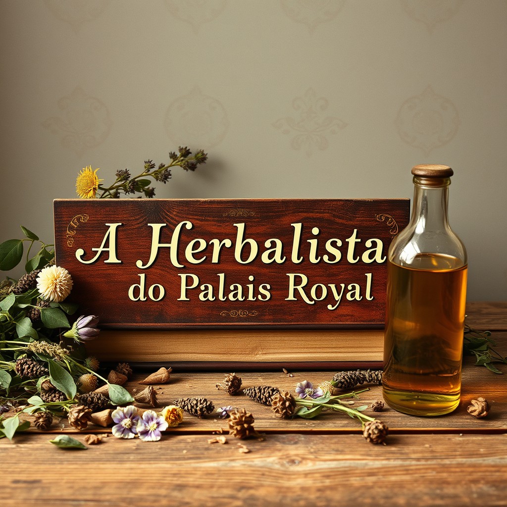A vintage-inspired image featuring the title 'A Herbalista do Palais Royal' elegantly displayed on an aged wooden table