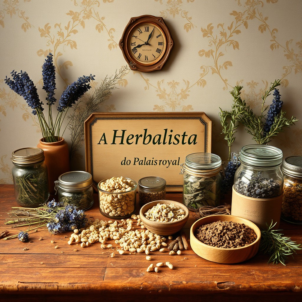 An antique vintage image featuring 'A Herbalista do Palais Royal', prominently displayed alongside an assortment of dried herbs and botanical elements