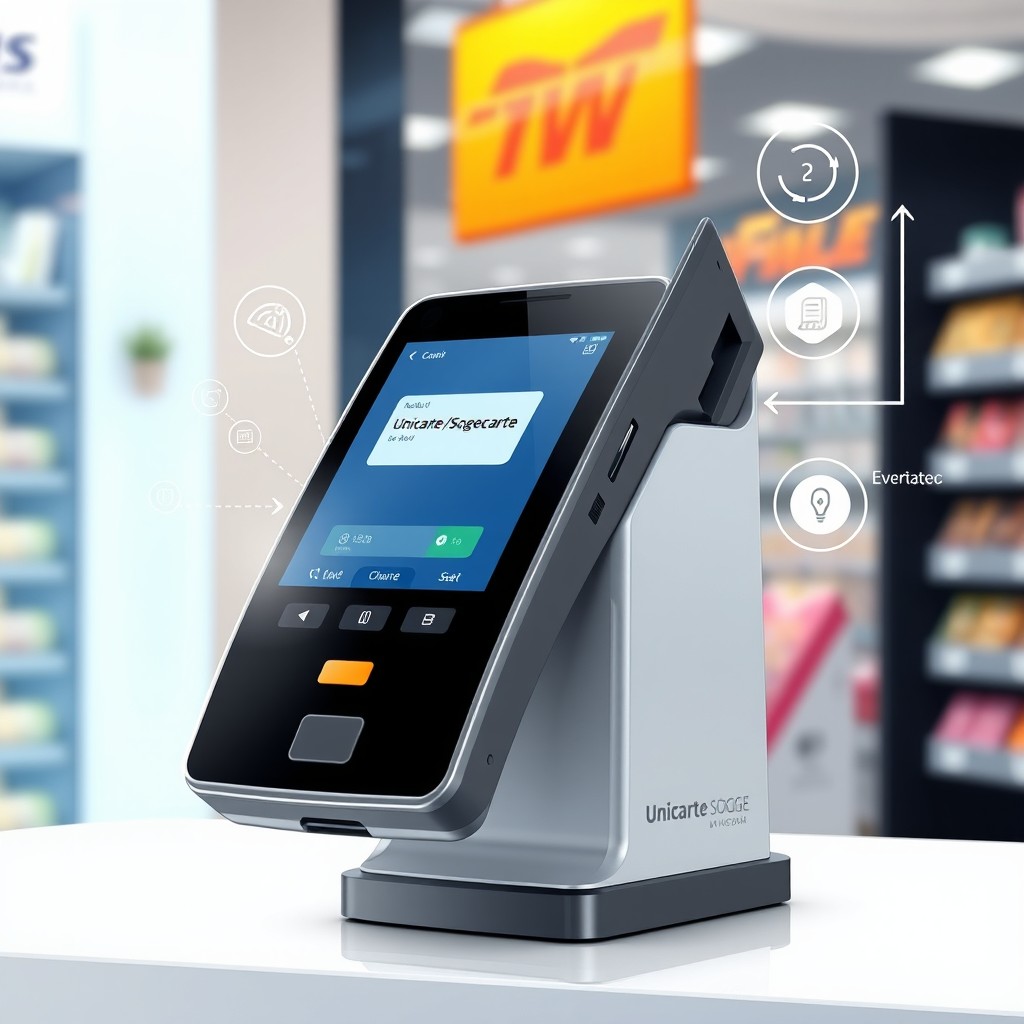 A highly detailed and accurate illustration showcasing a modern payment terminal (TPE) with a sleek design, displaying a transaction result on its screen