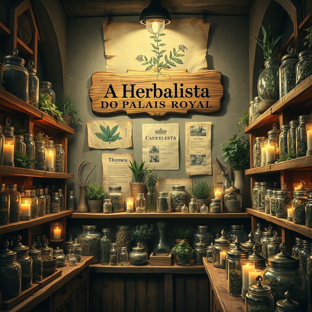 An antique vintage image depicting a medieval-style herbal shop filled with an abundance of dried herbs and glass jars