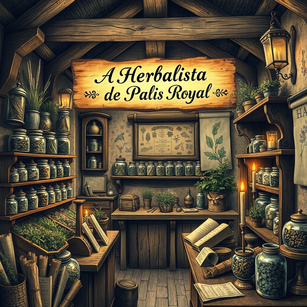 An antique vintage image depicting a 14th-century medieval herbal shop, bustling with life and filled with a wide array of dried herbs displayed in glass jars