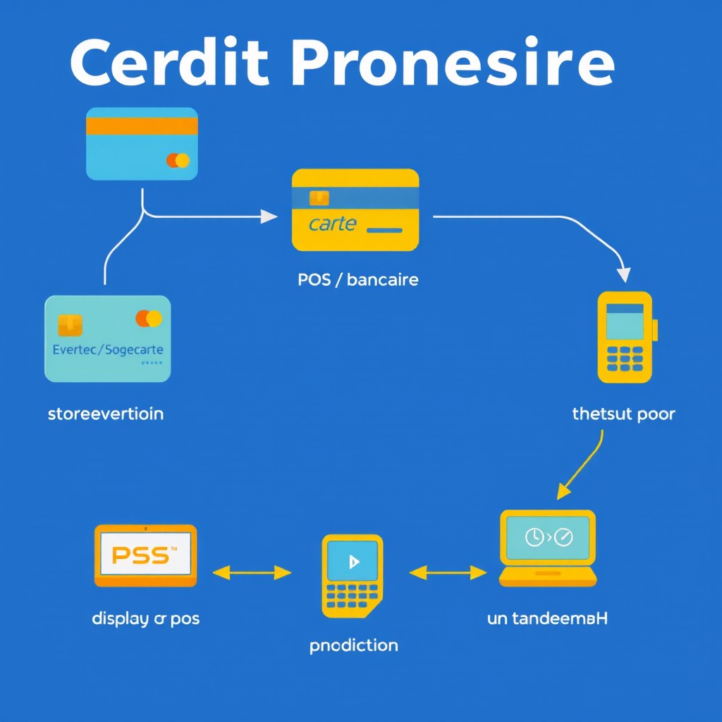 A beautifully illustrated representation of a credit card processing flow involving "Carte Bancaire" to "POS (Unicarte/Sogecarte)" leading to "Evertec - Verification", then "Result to Sogecarte or Unicarte" followed by "Display on POS" and finally "Display on Tandem BUH"