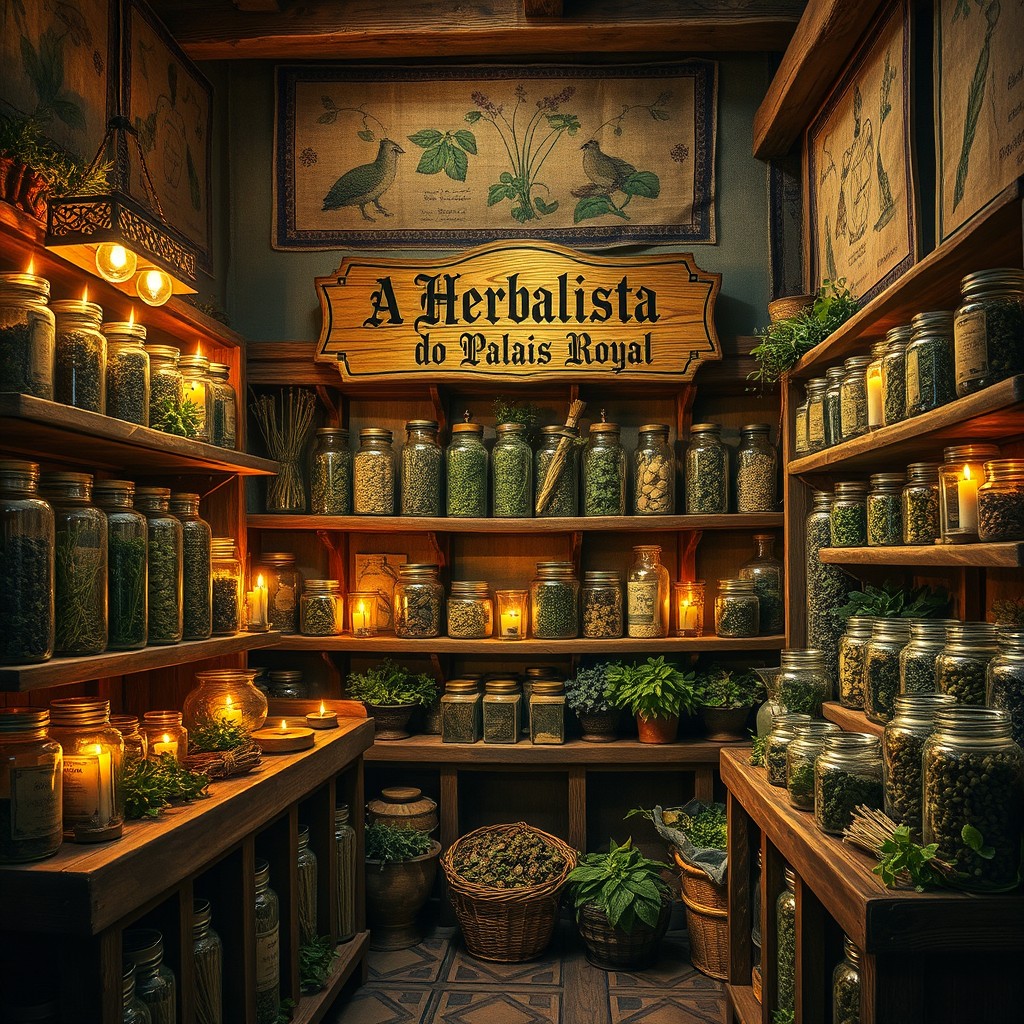 An antique vintage image depicting a 14th-century medieval herbal shop, filled with a rich variety of dried herbs elegantly displayed in glass jars