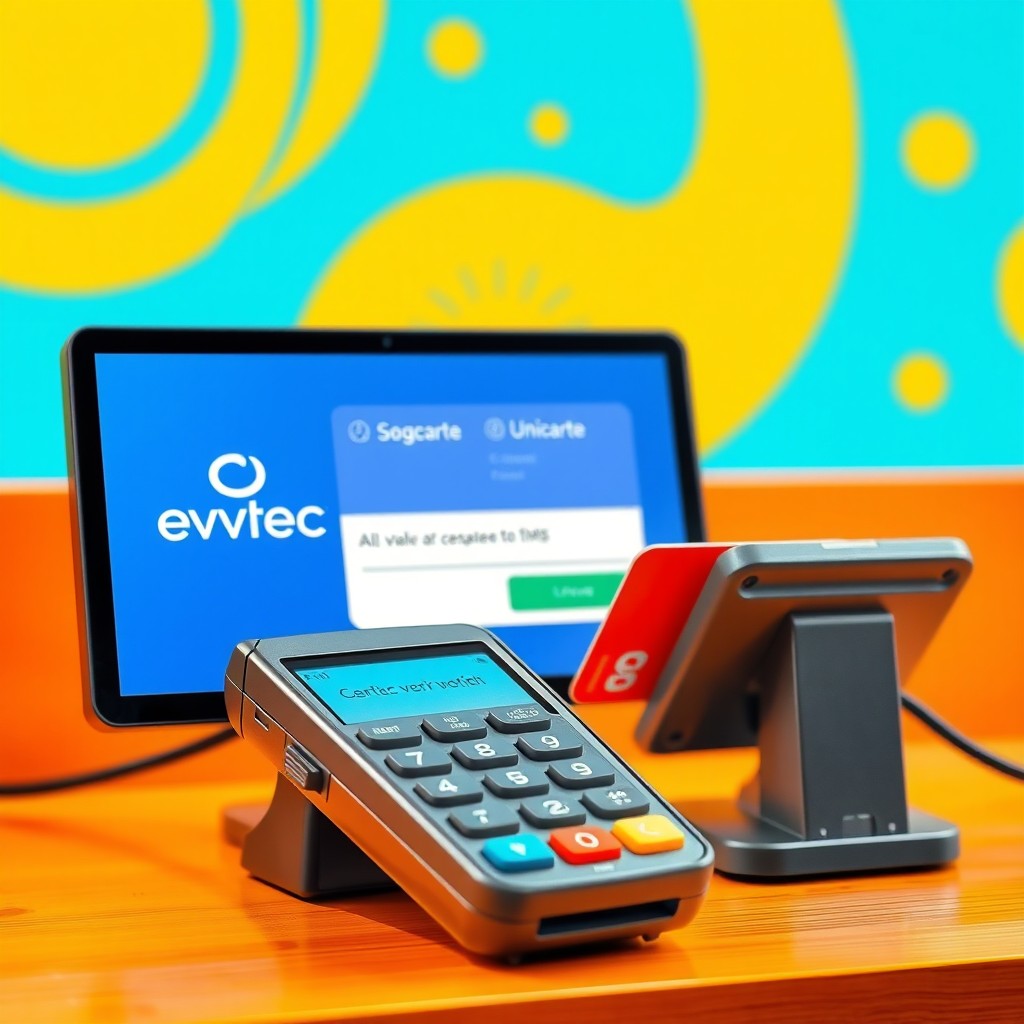 A captivating depiction of a POS terminal processing a credit card verification with the Evrtec logo prominent in the scene
