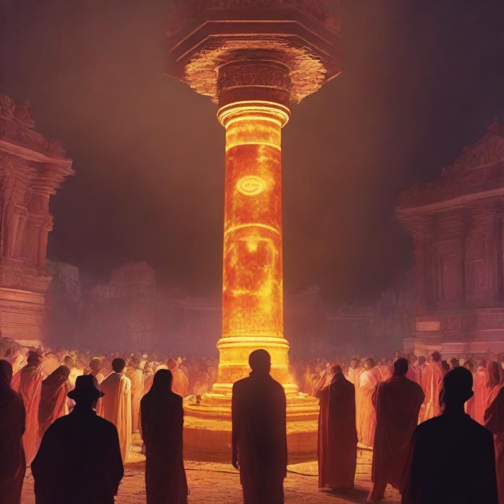 Generate an image of a mysterious, ancient pillar glowing with power, surrounded by respectful devotees in a lively fair.