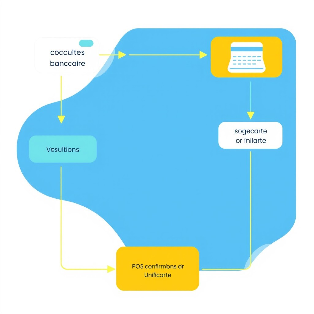 A colorful flowchart depicting the process of 'Carte Bancaire' leading to 'POS' and 'Evertec - Vérification', then showing the result towards 'Sogecarte or Unicarte'