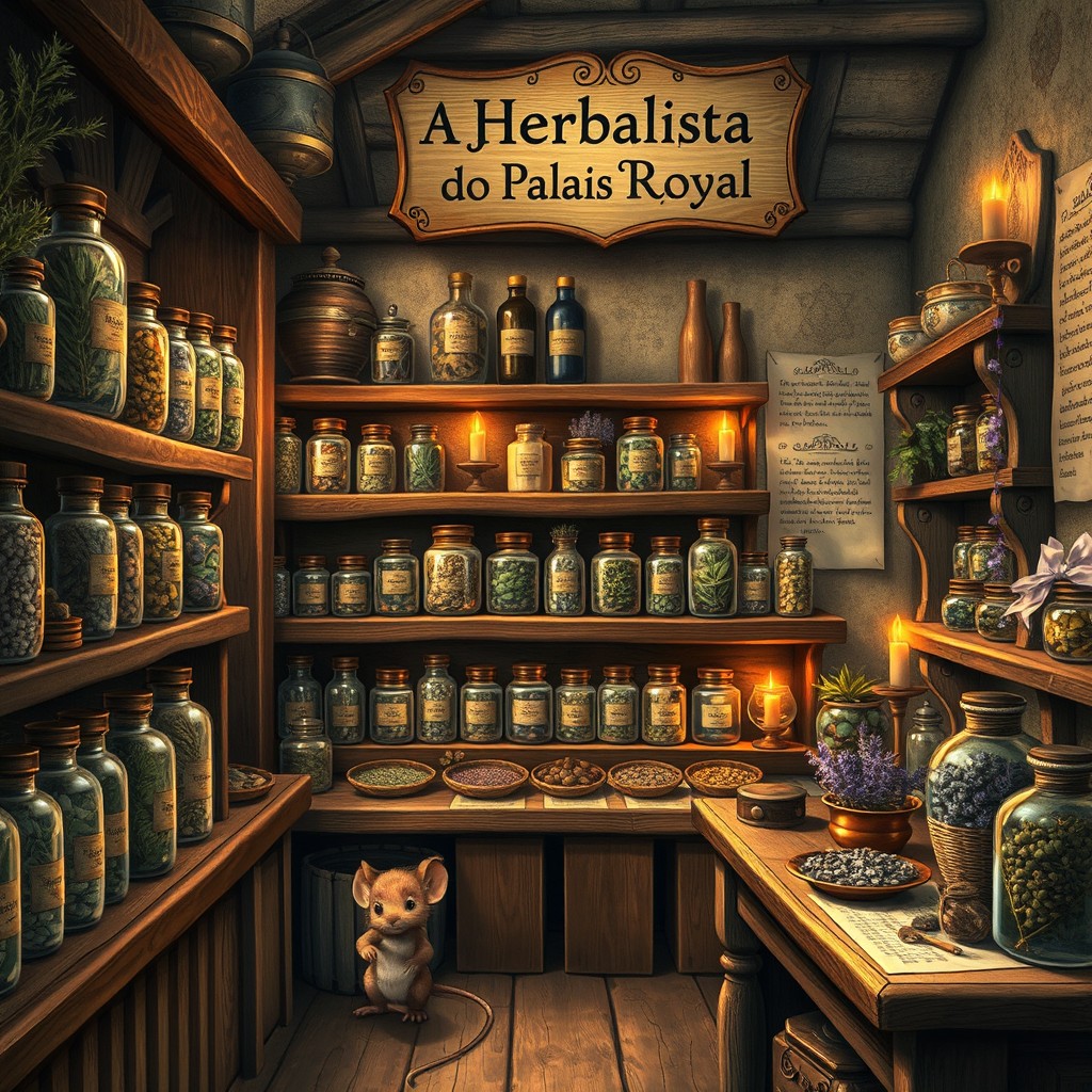 An antique vintage image depicting a 14th-century medieval herbal shop, filled with a rich collection of dried herbs displayed in glass jars