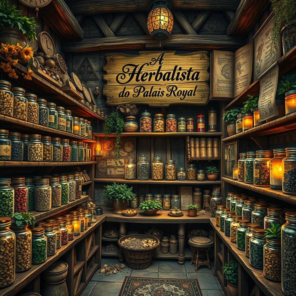 An antique vintage image depicting a 14th-century medieval herbal shop, vibrant and filled with a vast assortment of dried herbs elegantly displayed in glass jars