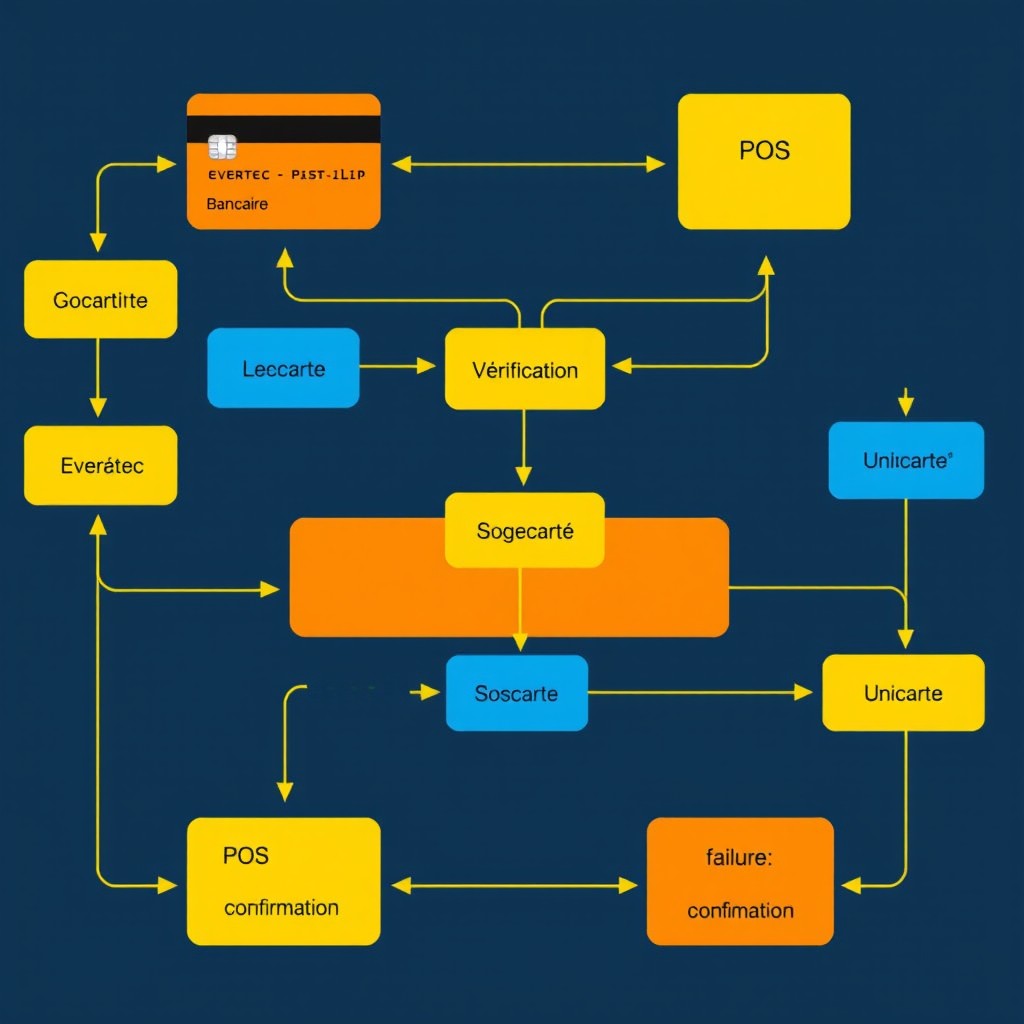 An intricate flowchart depicting the process of a payment transaction involving a bank card (Carte Bancaire) and a POS terminal