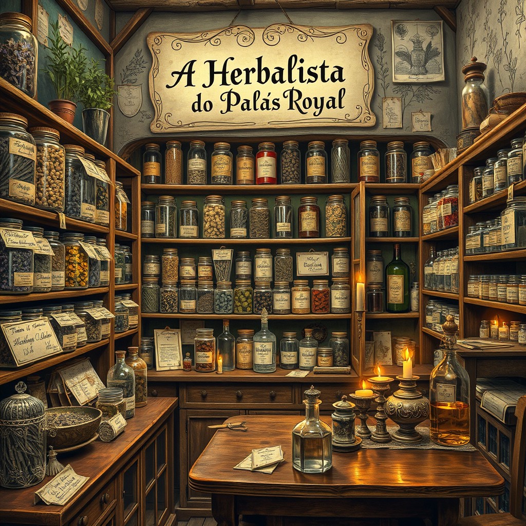 An antique vintage image depicting a 14th-century medieval herbal shop, fully stocked with an extensive collection of dried herbs and spices displayed in glass jars with beautifully handwritten labels