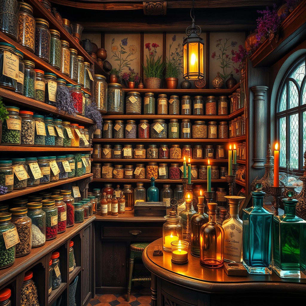 An antique vintage image depicting a 14th-century medieval herbal shop, vibrantly filled with a rich assortment of dried herbs and spices displayed in colorful glass jars, each labeled with elegantly handwritten tags