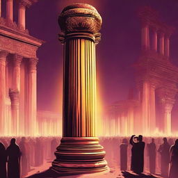 Generate an image of a mysterious, ancient pillar glowing with power, surrounded by respectful devotees in a lively fair.