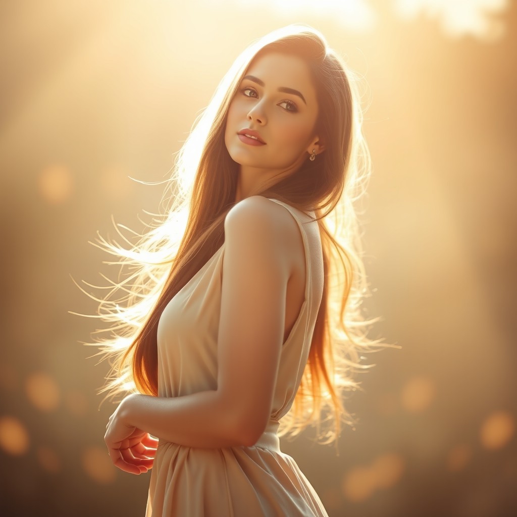 A stunning portrait of a young woman standing gracefully on the left side of the image, with a soft, dreamy background that enhances her beauty