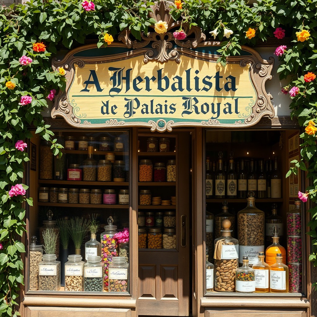 An antique vintage image showcasing the exterior of a 14th-century medieval herbal shop, charming and filled with an assortment of dried herbs displayed in glass jars with beautifully handwritten labels