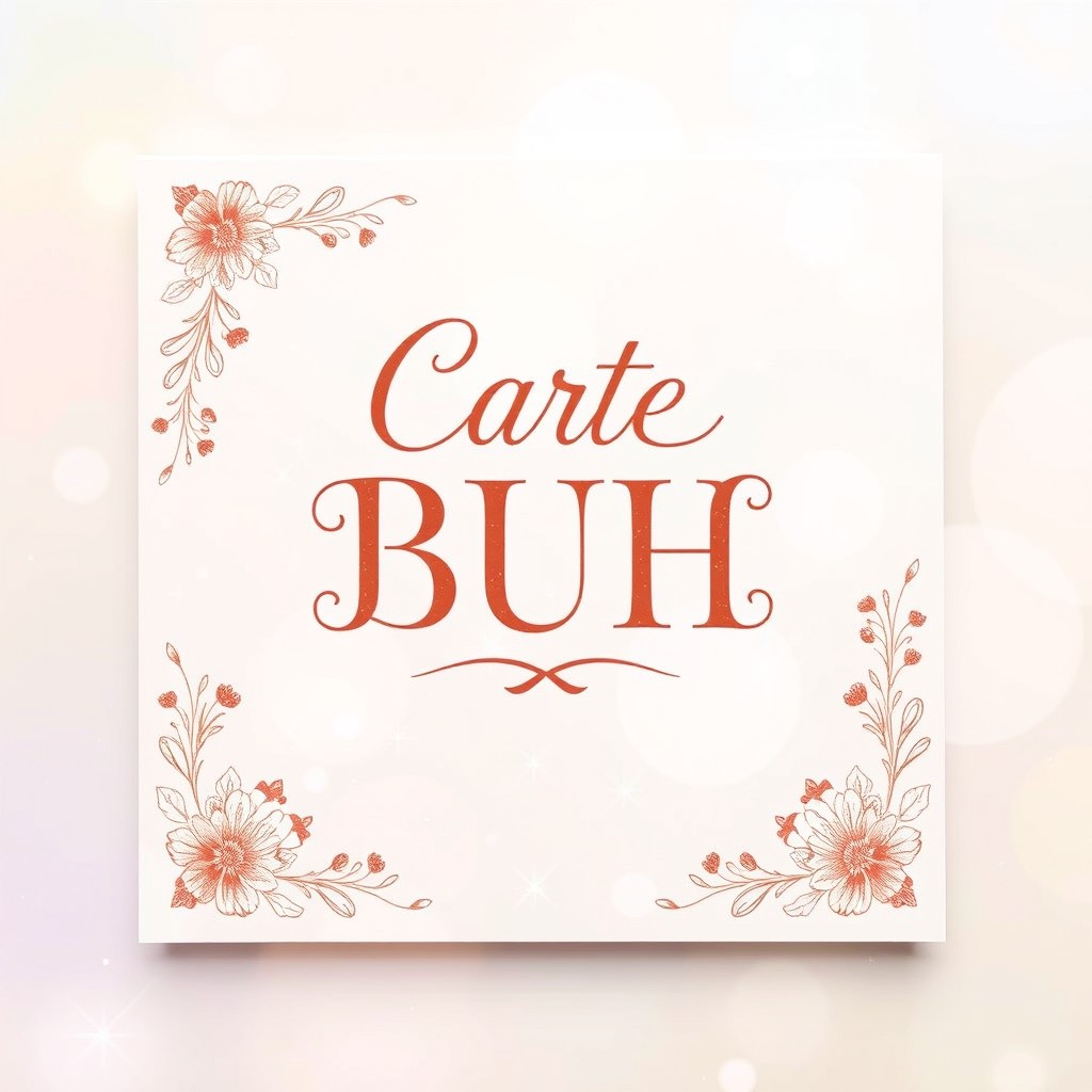 An artistic card design for a fictional brand named 'Carte BUH', featuring elegant typography and a whimsical, magical theme