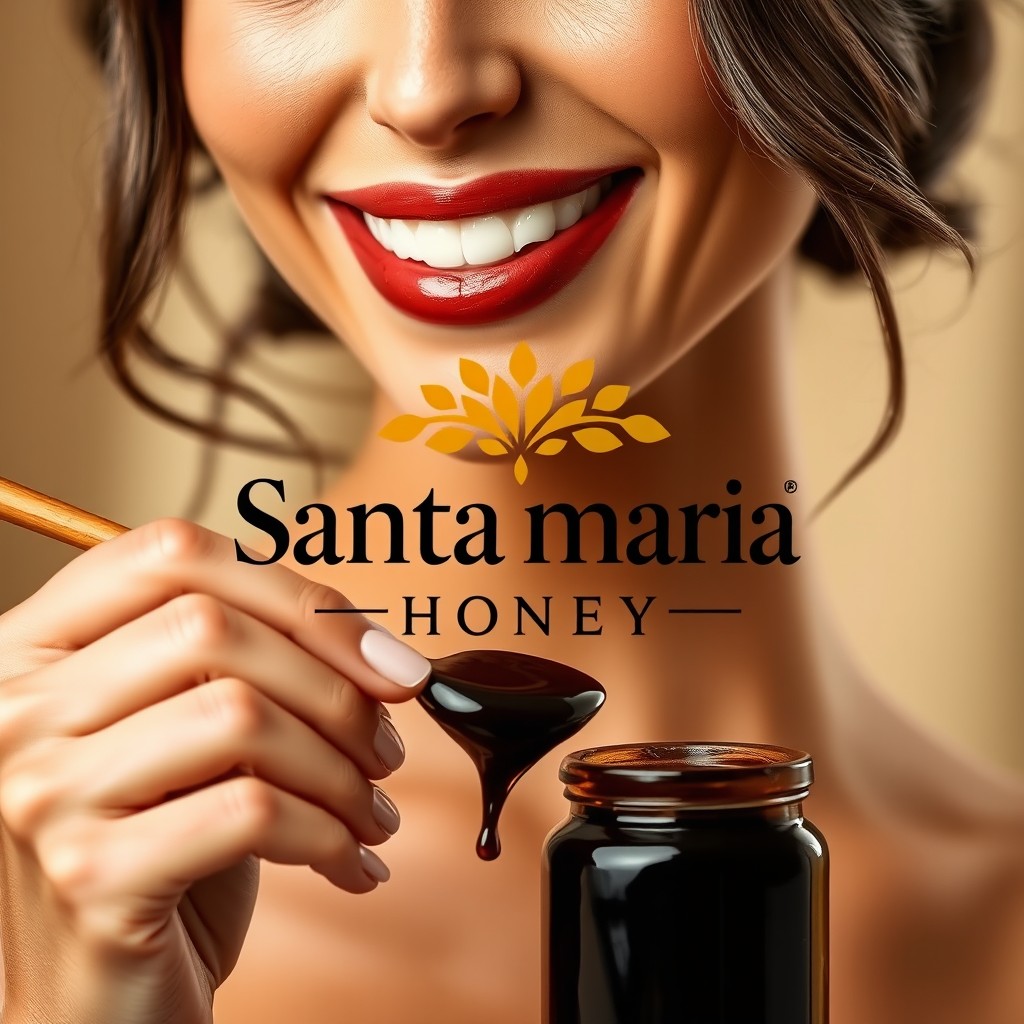 A beautiful woman elegantly tasting black Oak Honey, with a striking contrast between her features and the dark, rich color of the honey