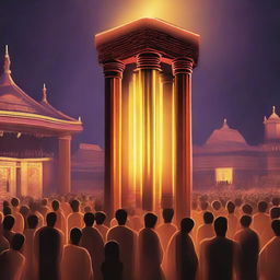 Generate an image of a mysterious, ancient pillar glowing with power, surrounded by respectful devotees in a lively fair.