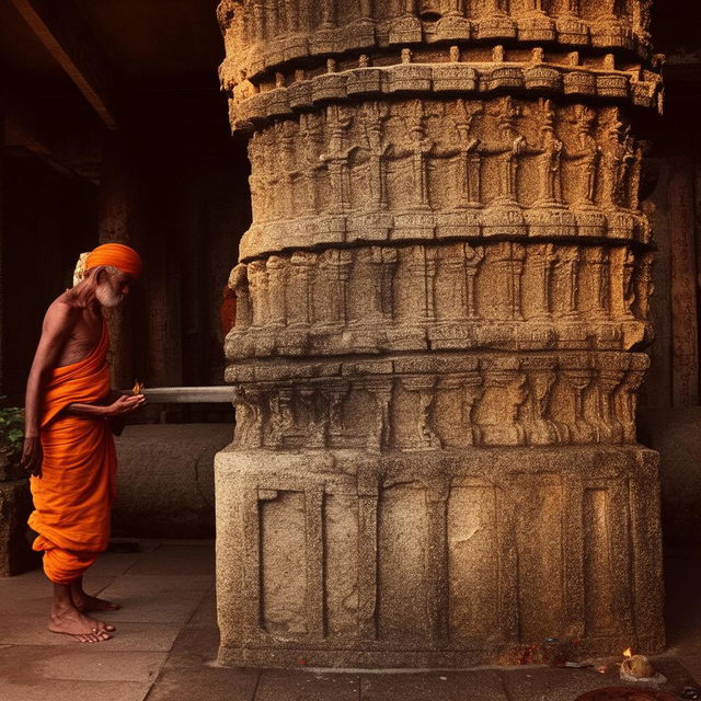 Generate an image of Ramu devoutly worshiping at the ancient, powerful pillar, indicating reverence and daily commitment.