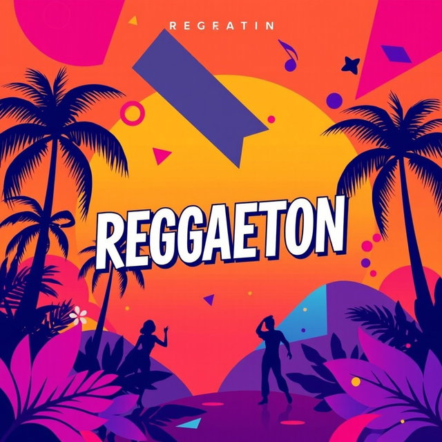 A vibrant album cover for a reggaeton artist, featuring bold colors and dynamic patterns that reflect the rhythmic and energetic vibe of reggaeton music