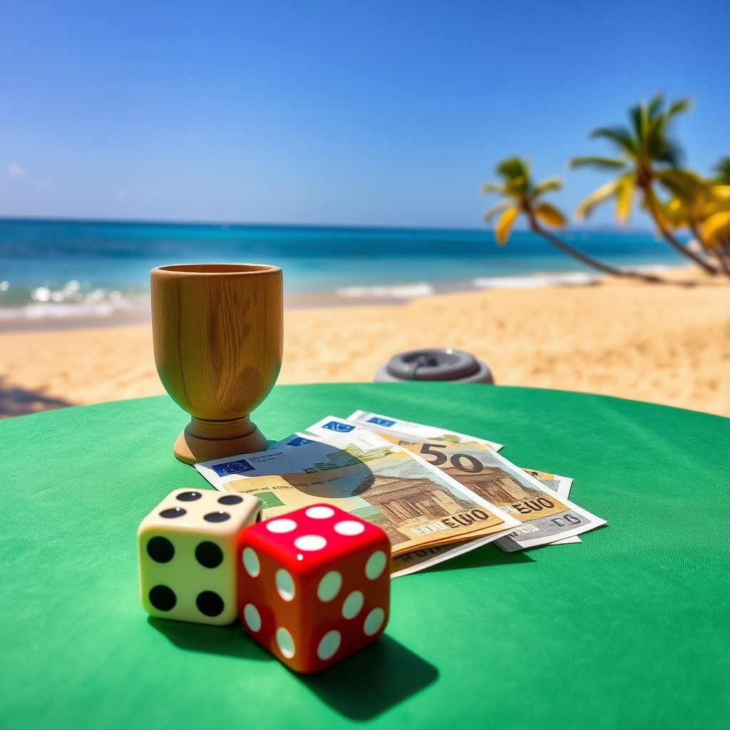 Two dice and a wooden cup positioned next to 50 euro banknotes on a table with a green tablecloth, beautifully set on the serene beaches of the Antilles