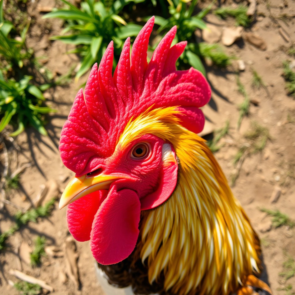 A stunning aerial view of a rooster's head, showcasing its vibrant colors and intricate feather patterns