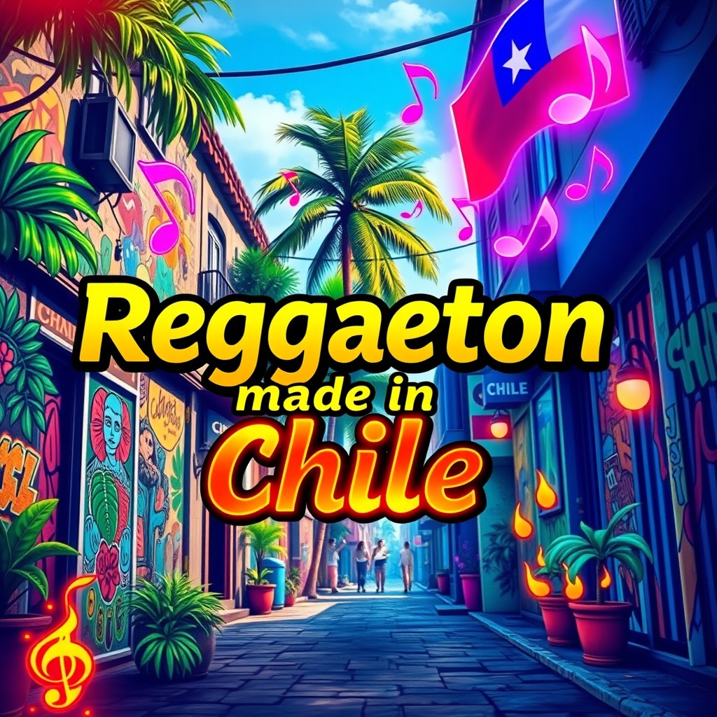A vibrant and energetic cover art for a reggaeton playlist titled 'Reggaeton made in Chile'