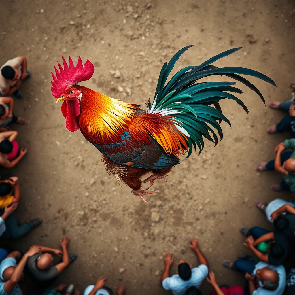 An aerial view of a colorful rooster engaged in a vibrant cockfight, showcasing its dynamic movement and impressive plumage