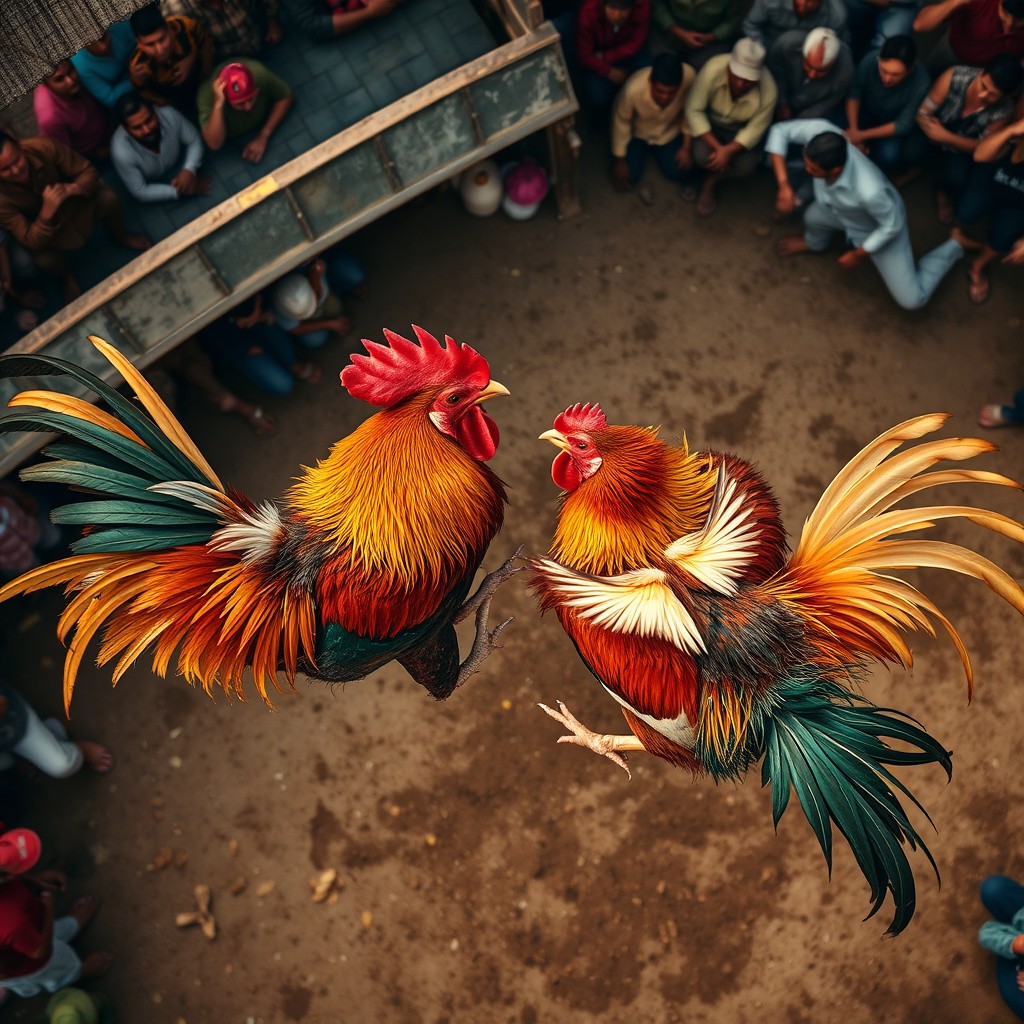 An aerial view of two roosters engaged in a fierce cockfight, showcasing their dynamic movements and colorful plumage