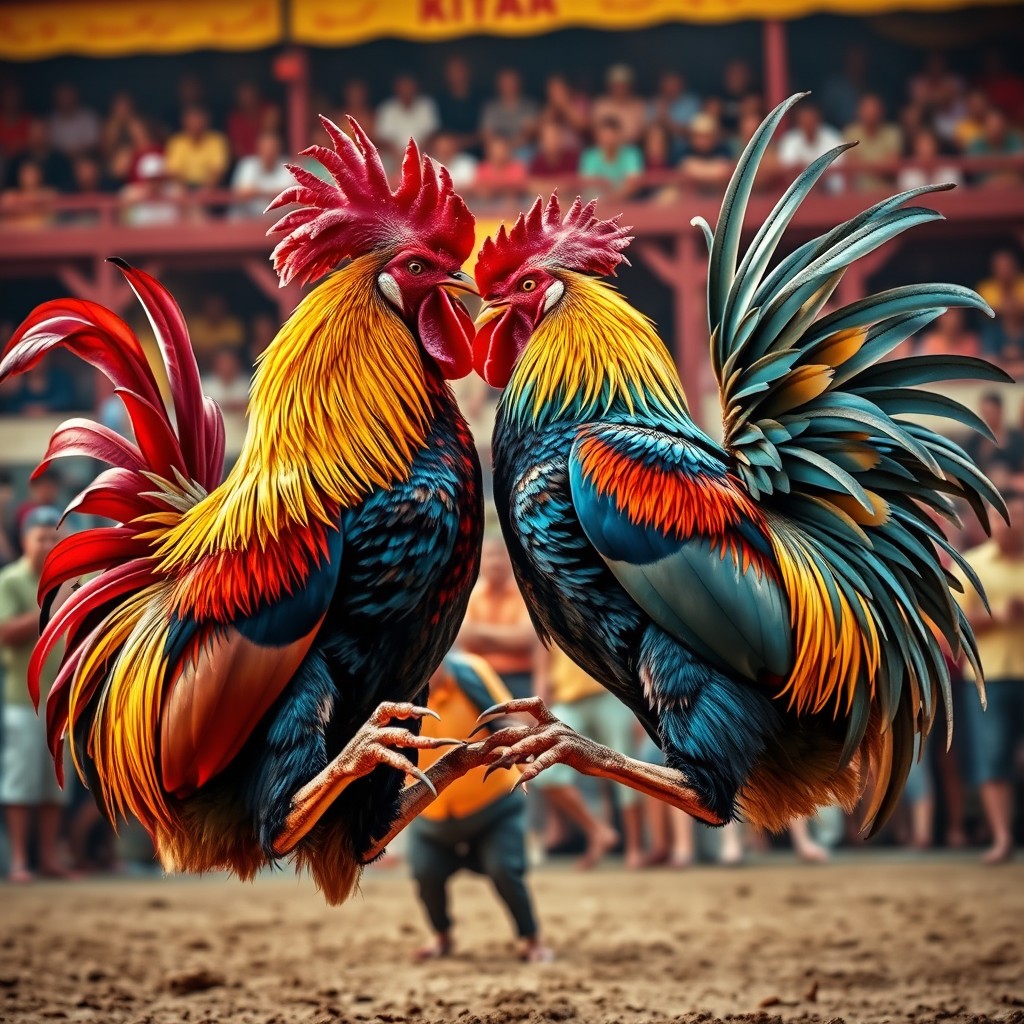 A vibrant scene of two roosters engaged in an intense cockfight, highlighting their striking plumage and fierce expressions