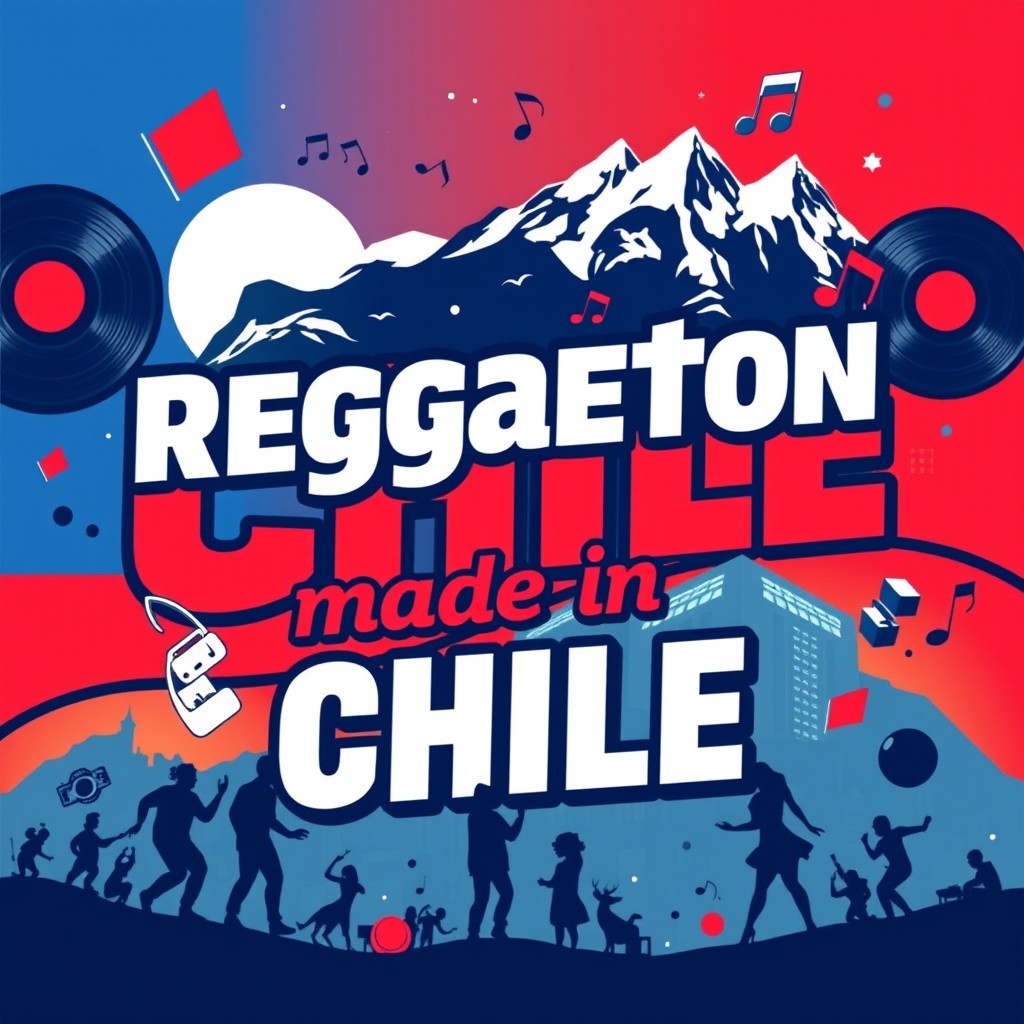 A vibrant and energetic album cover for a reggaeton playlist titled "Reggaeton made in Chile"