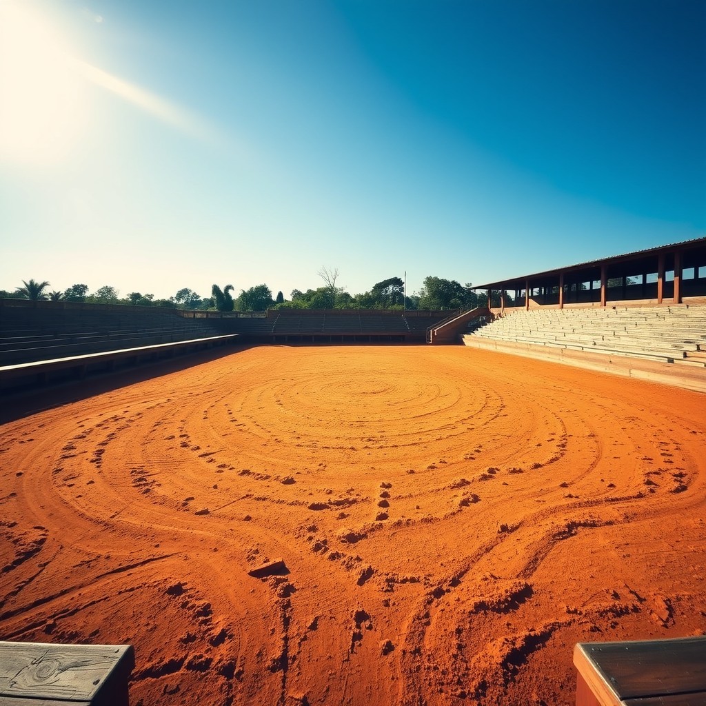 A serene and empty cockfighting arena, showcasing the vibrant colors of the ground with an intricate pattern that suggests the recent intense activity of roosters