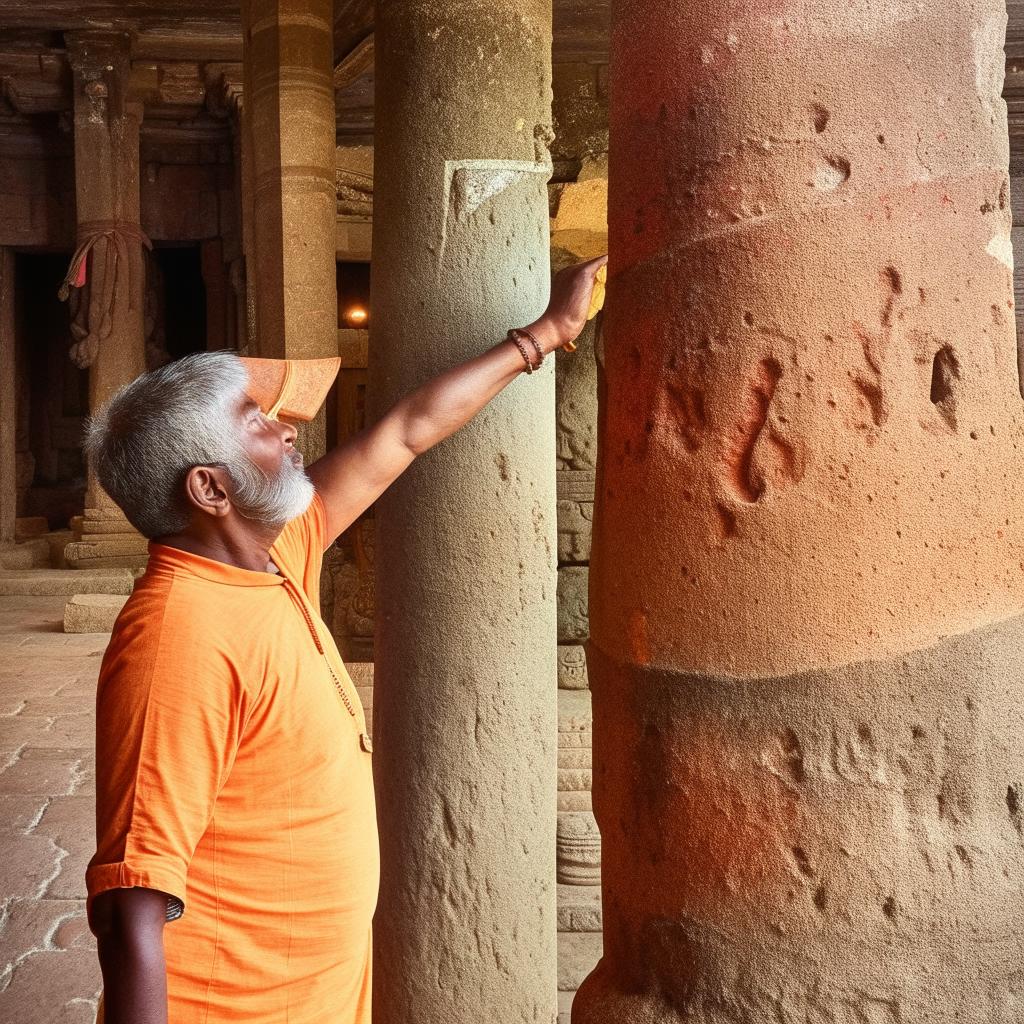 Generate an image of Ramu devoutly worshiping at the ancient, powerful pillar, indicating reverence and daily commitment.