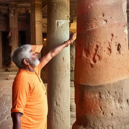 Generate an image of Ramu devoutly worshiping at the ancient, powerful pillar, indicating reverence and daily commitment.