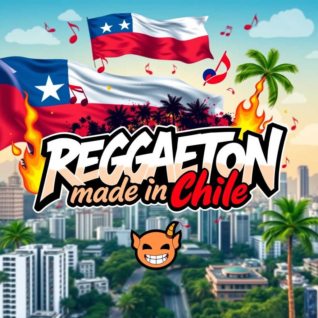 A vibrant and energetic playlist cover for a reggaeton compilation titled 'Reggaeton made in Chile'
