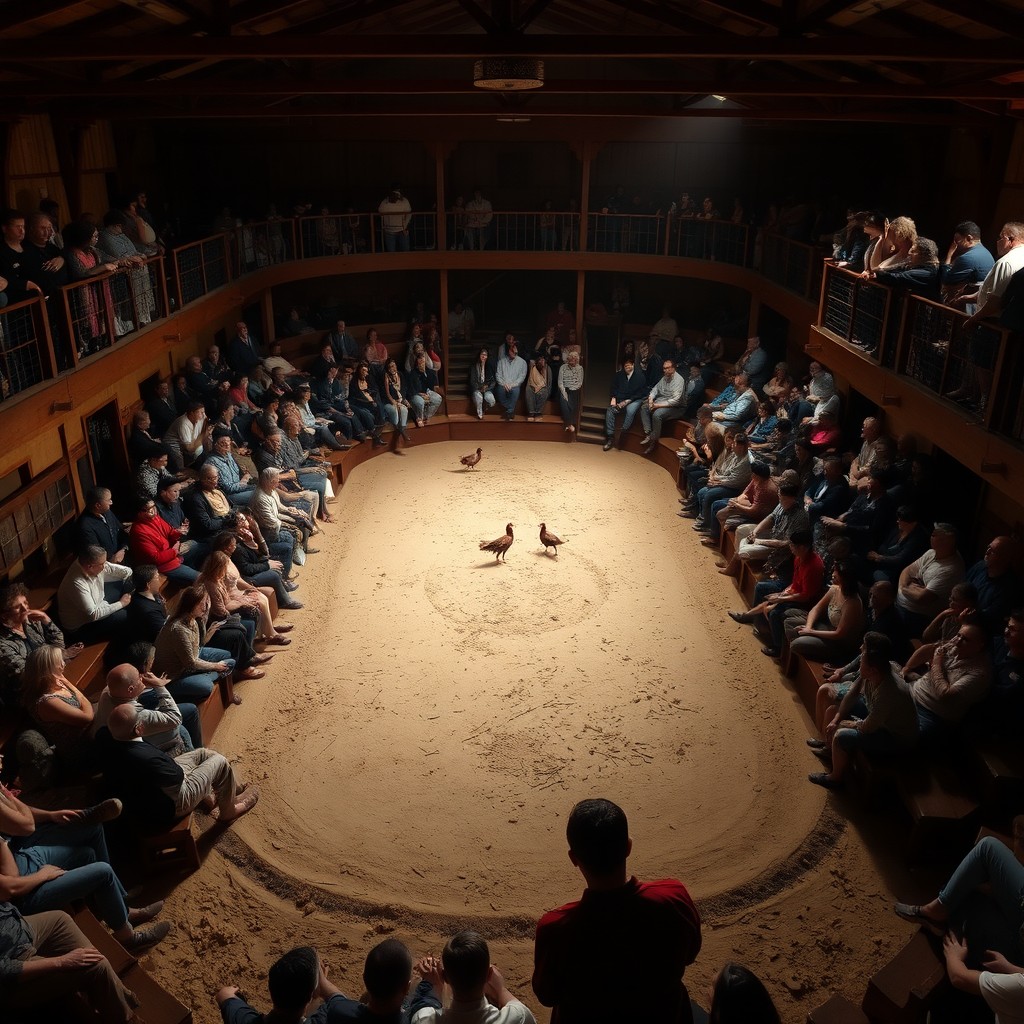 An empty cockfighting arena indoors, with wooden seating arranged in a semicircle, creating an intimate and traditional atmosphere
