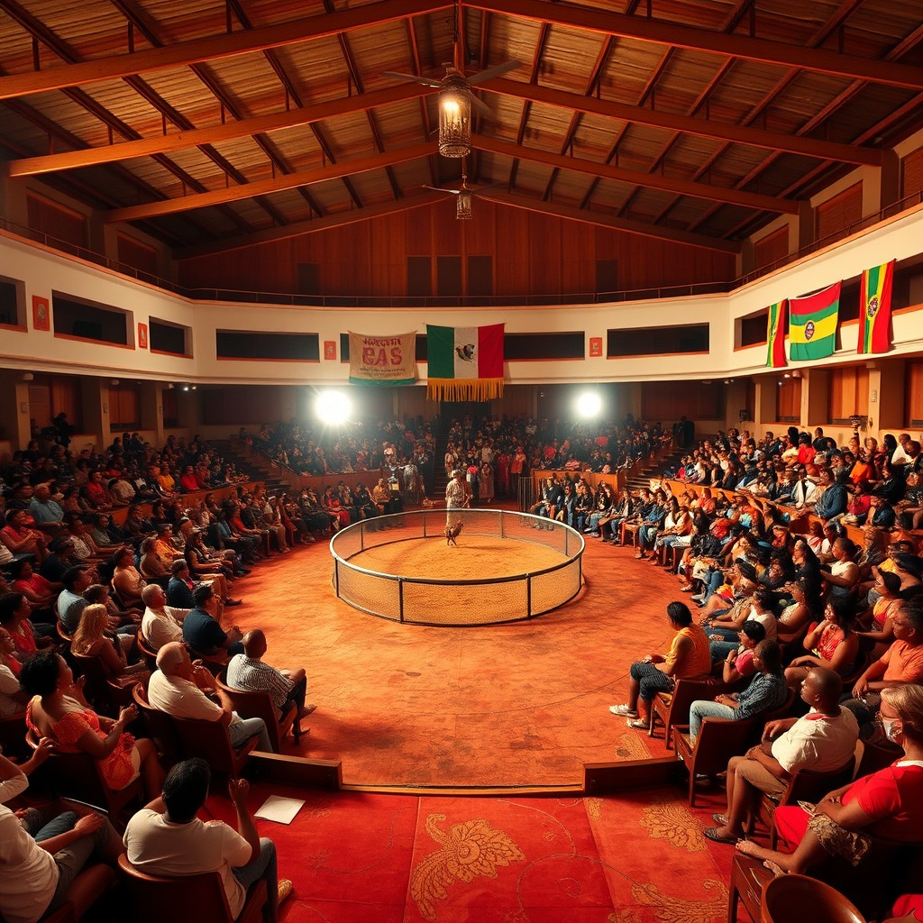 An indoor cockfighting arena, empty but fully set up for action