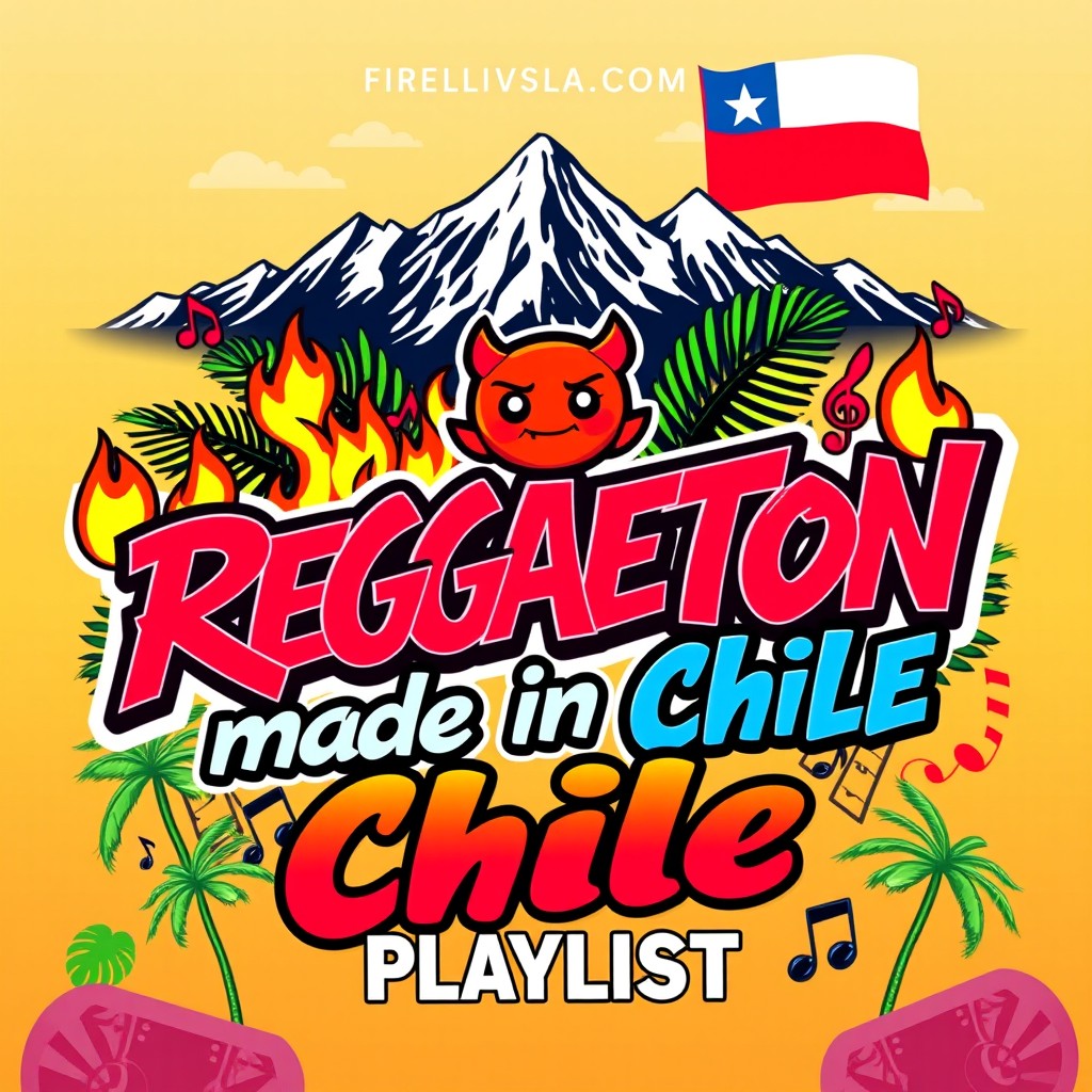 A vibrant and dynamic playlist cover for reggaeton music with the title 'Reggaeton made in Chile'