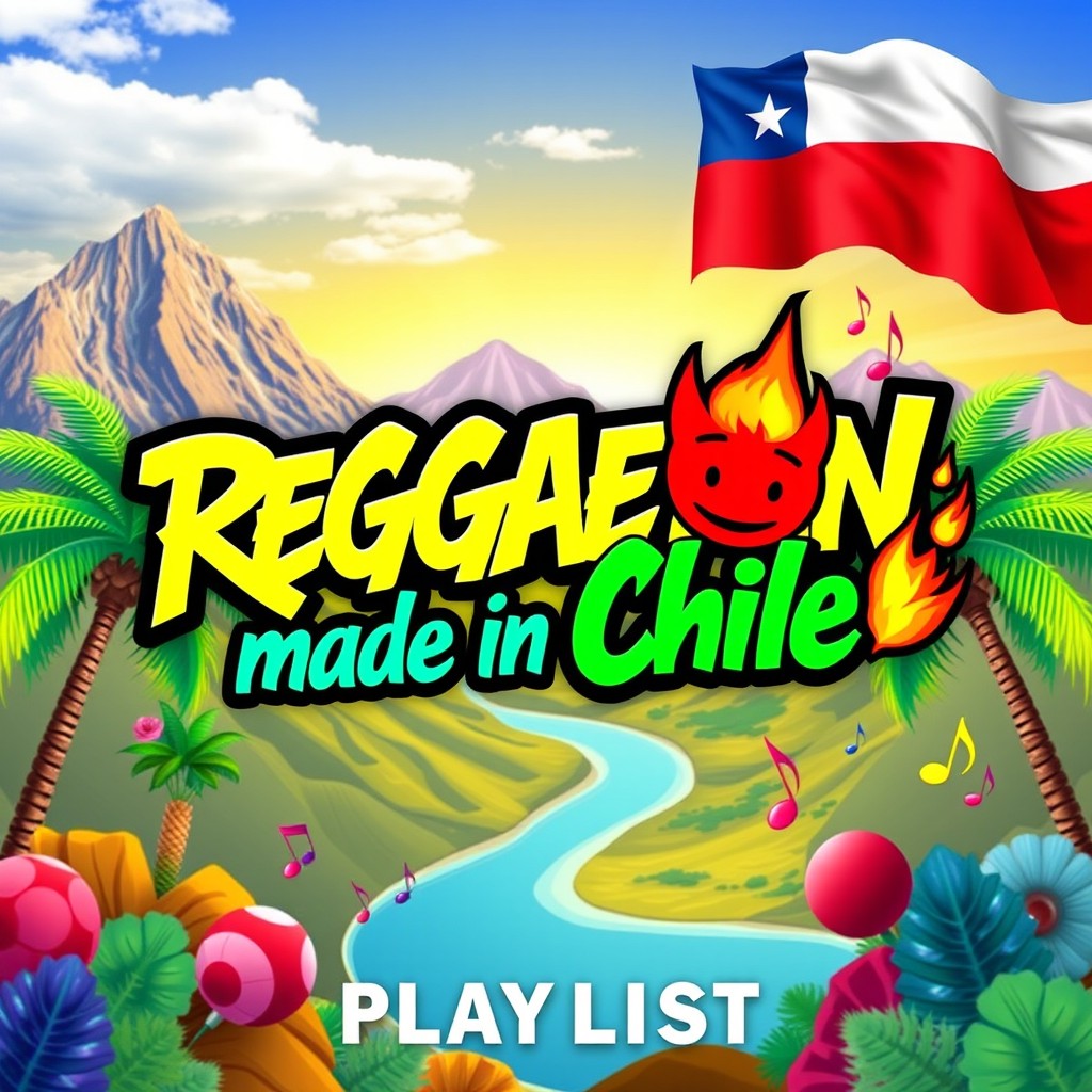 A lively and eye-catching playlist cover for a reggaeton music compilation titled 'Reggaeton made in Chile'