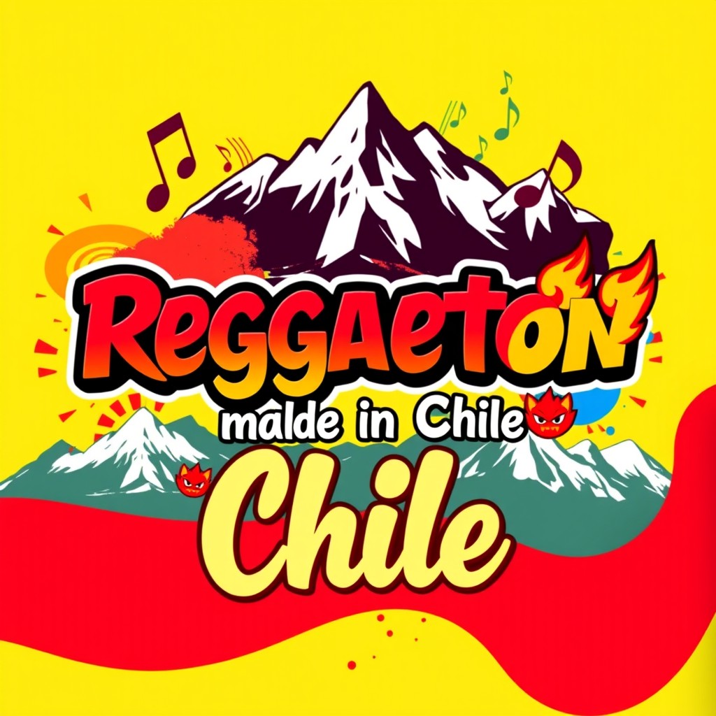 A vibrant and energetic cover for a reggaeton playlist titled 'Reggaeton made in Chile'