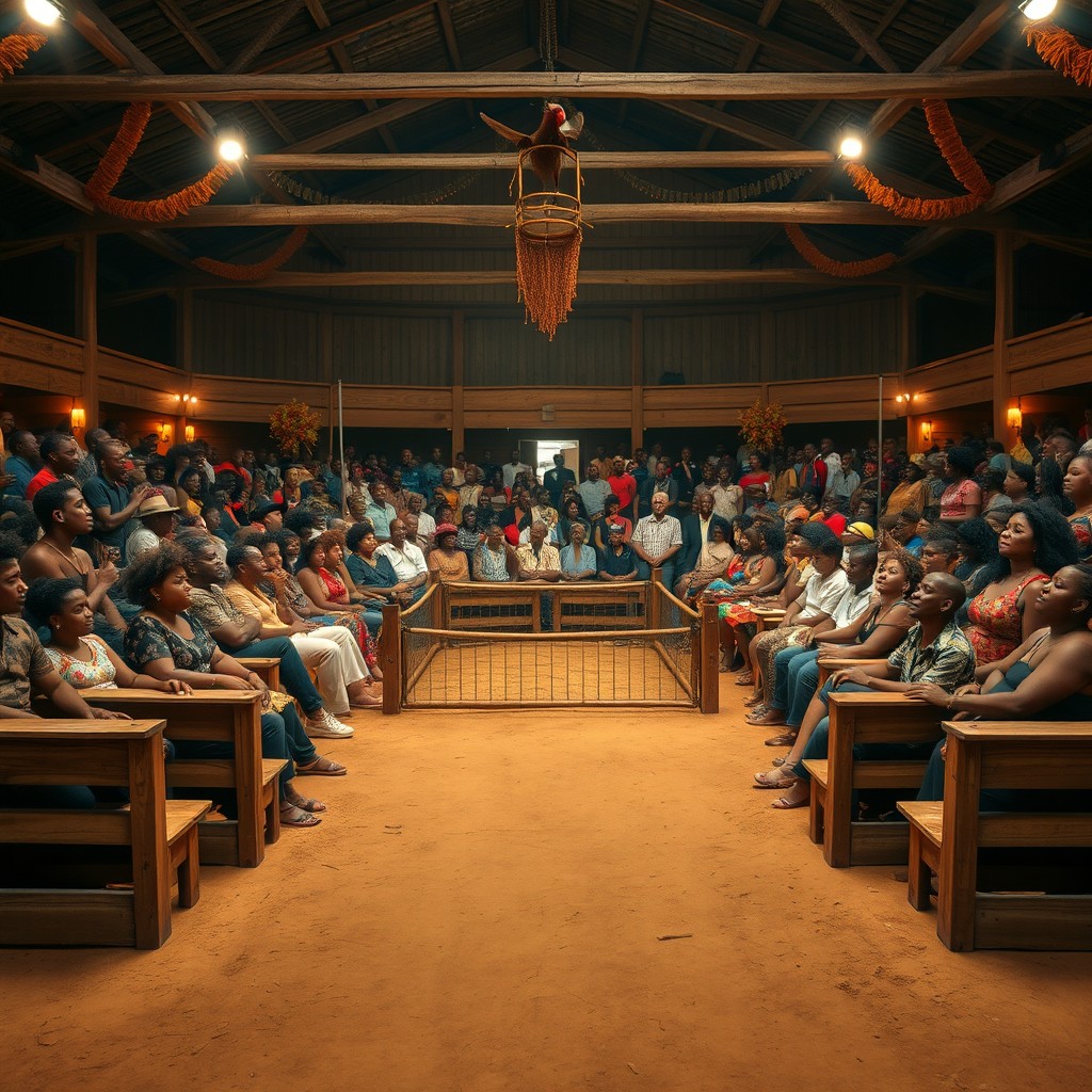 An indoor cockfighting arena that is empty yet visually ready for action
