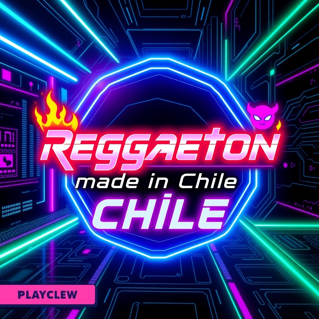 A futuristic cover for a reggaeton playlist titled 'Reggaeton made in Chile'