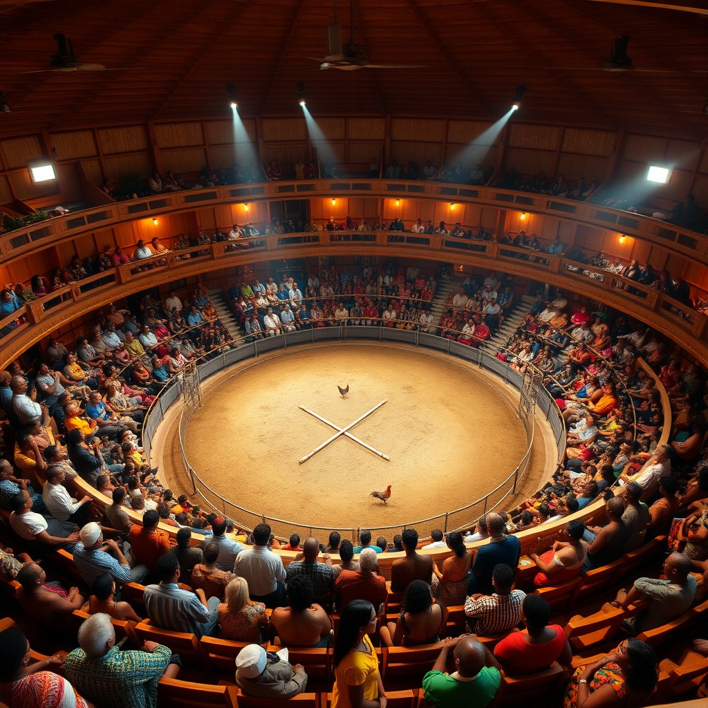 An indoor cockfighting arena shaped in a circular design, currently empty, but filled with anticipation for an upcoming match