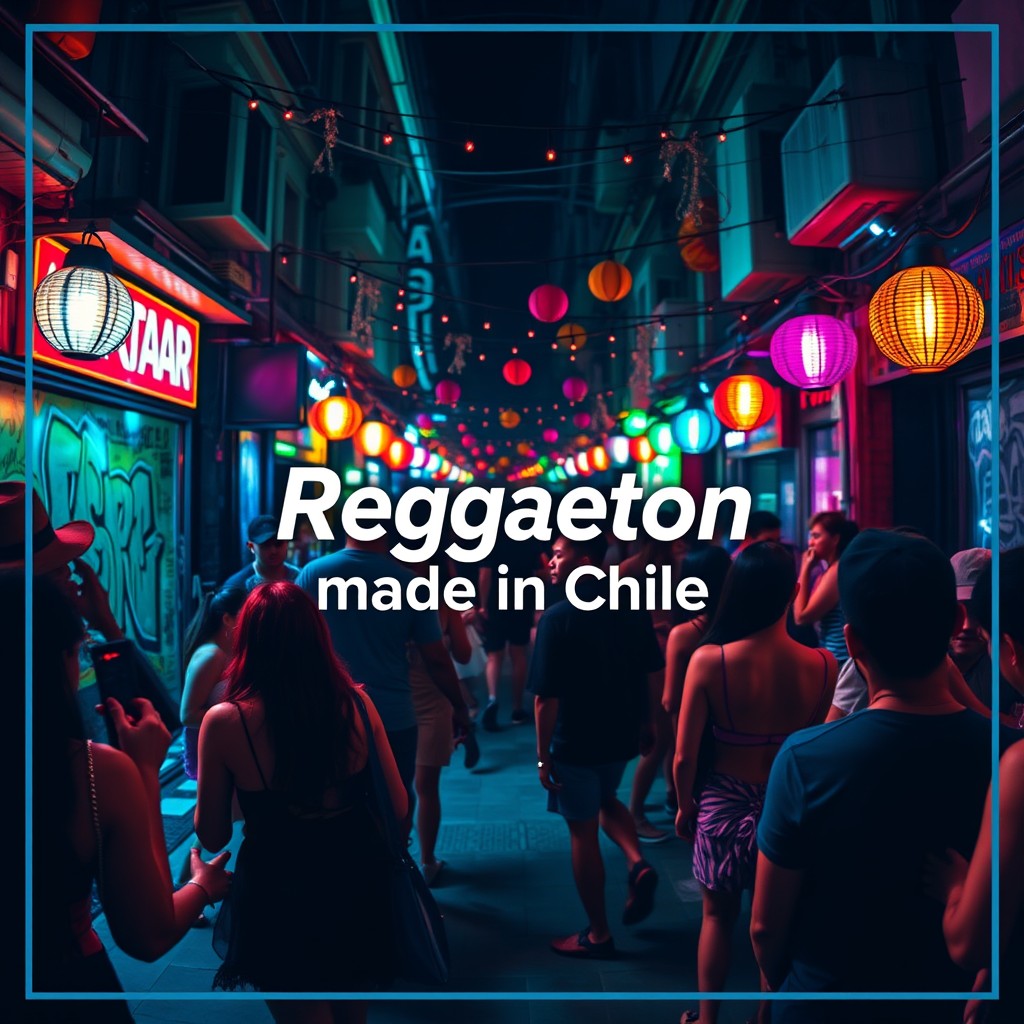 A lively cover for a reggaeton playlist titled 'Reggaeton made in Chile', featuring an urban party scene as the background