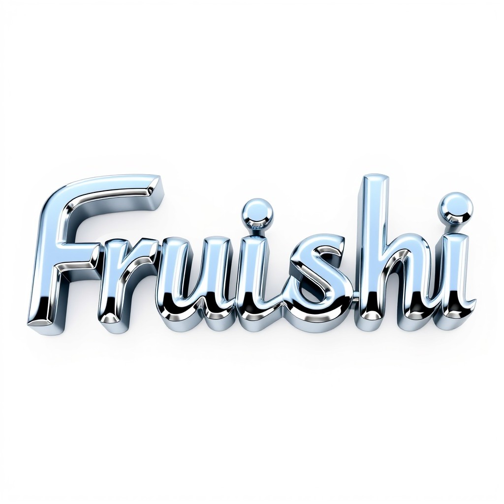 A visually striking logo featuring the word 'Fruishi' crafted in bold silver chrome lettering