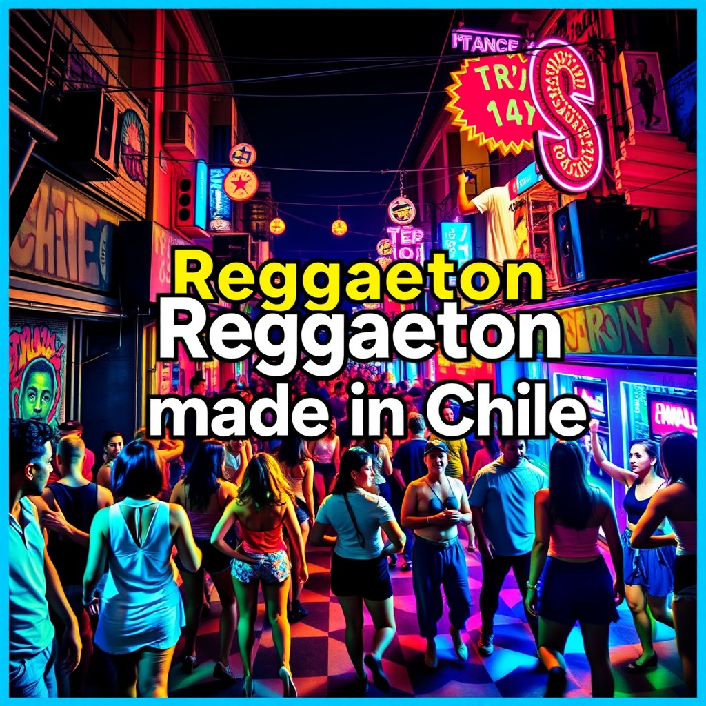 A vibrant cover for a reggaeton playlist titled 'Reggaeton made in Chile', featuring a bustling urban party scene as the background