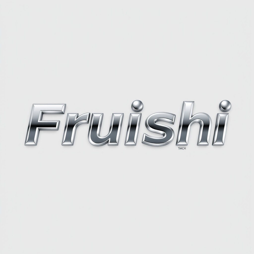 A striking logo design showcasing the word 'Fruishi' rendered in sleek silver chrome lettering