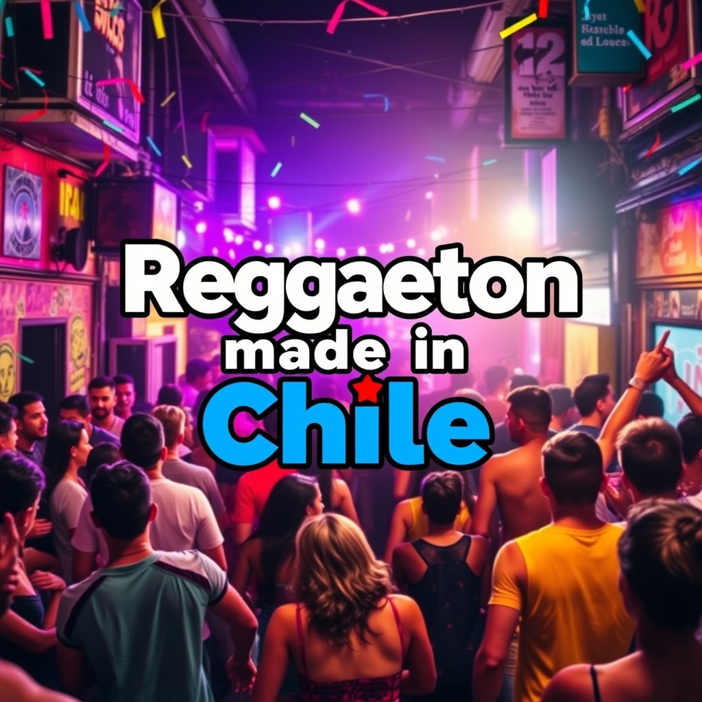 A vibrant cover for a reggaeton playlist titled 'Reggaeton made in Chile', featuring a lively urban party scene as the background